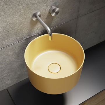 Core I giallo - Runt matt gul tvättställ Ø40 i porslin som svävar på väggen.